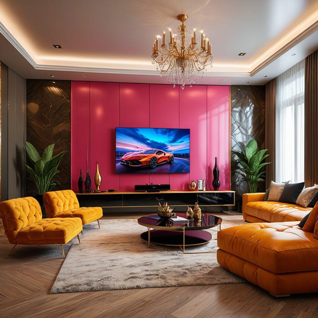 A sleek, sophisticated living room with a large, ultra-HD television displaying vibrant and detailed imagery of various adult entertainment options, set against a backdrop of elegant modern decor, creating an atmosphere of comfort and luxury. super-realistic. vibrant colors. 3D.