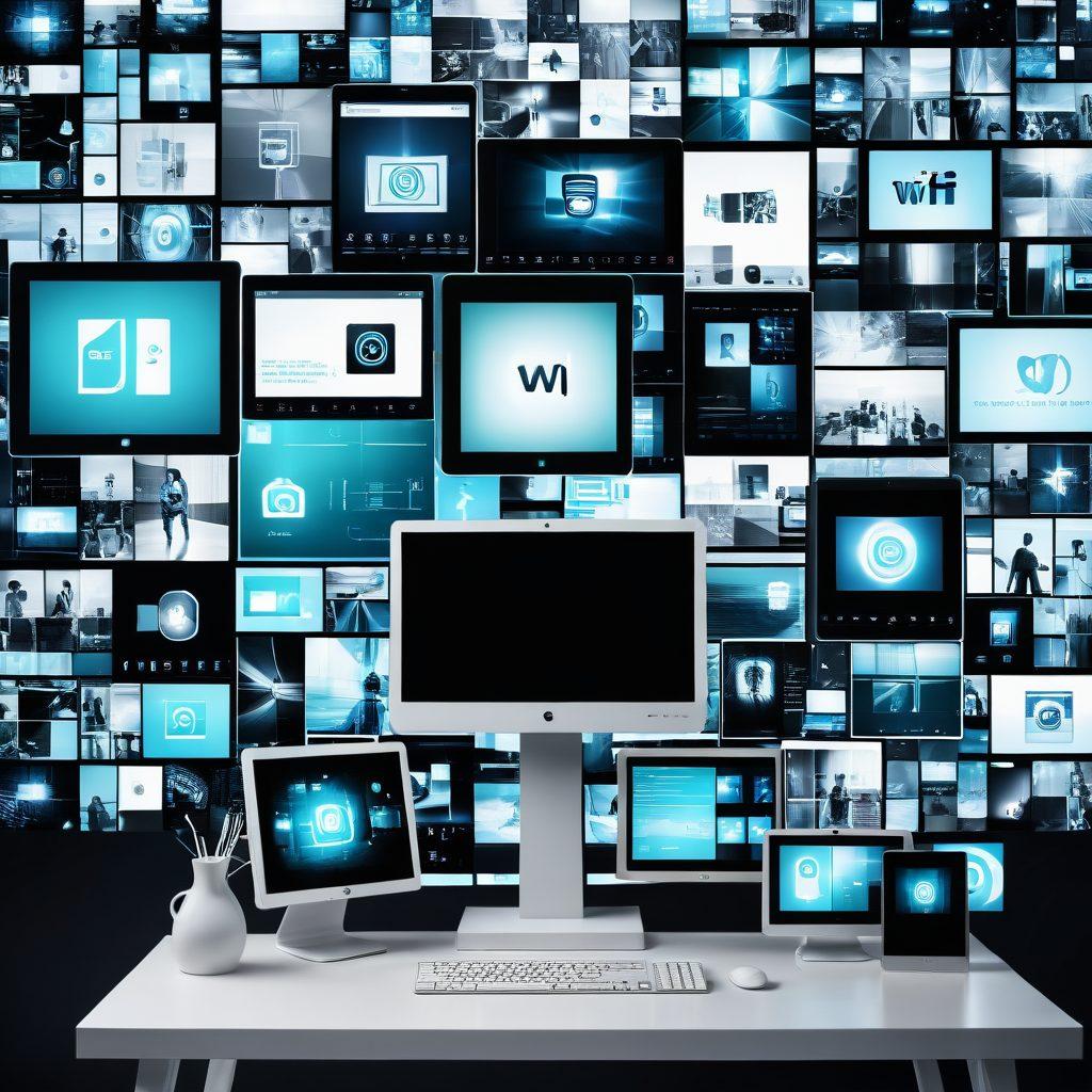 Modern digital collage of various screens displaying high-quality images, each with a subtle, tasteful adult content watermark. The background should include elements of internet connectivity such as Wi-Fi signals and icons of popular devices. Incorporate soft, sophisticated color tones for an elegant feel. digital art. subtle hues. clean and modern.
